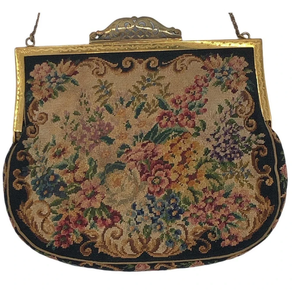 Antique Jolles Austria Purse Petit Point Floral Tapestry 1930s Orig Label